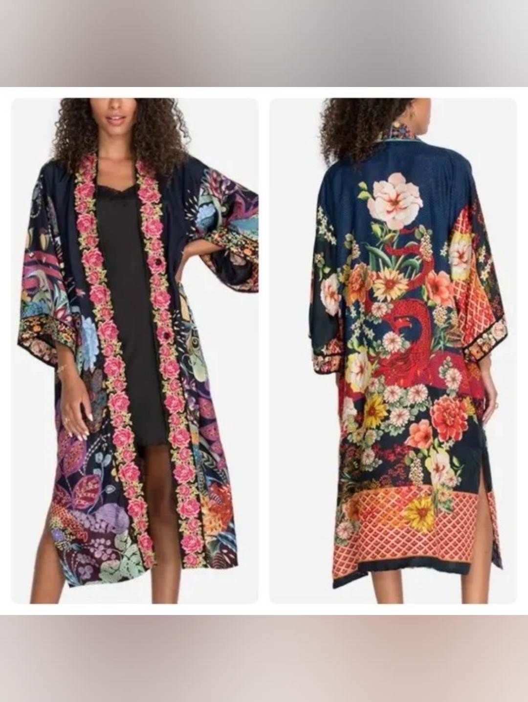 Johnny Was Multi Pattern Floral Silk Reversible Dalamo Kimono Cardigan